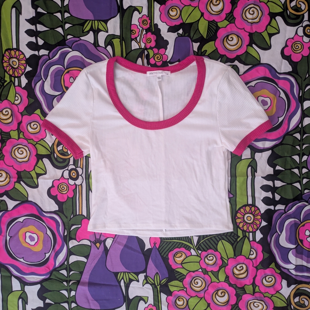 White Ribbed Top with Pink Trim